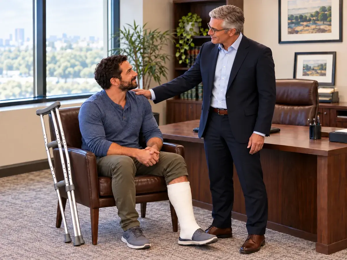 Illustrative image of an injured person seated with a leg cast and crutches while an attorney stands with a hand on his shoulder